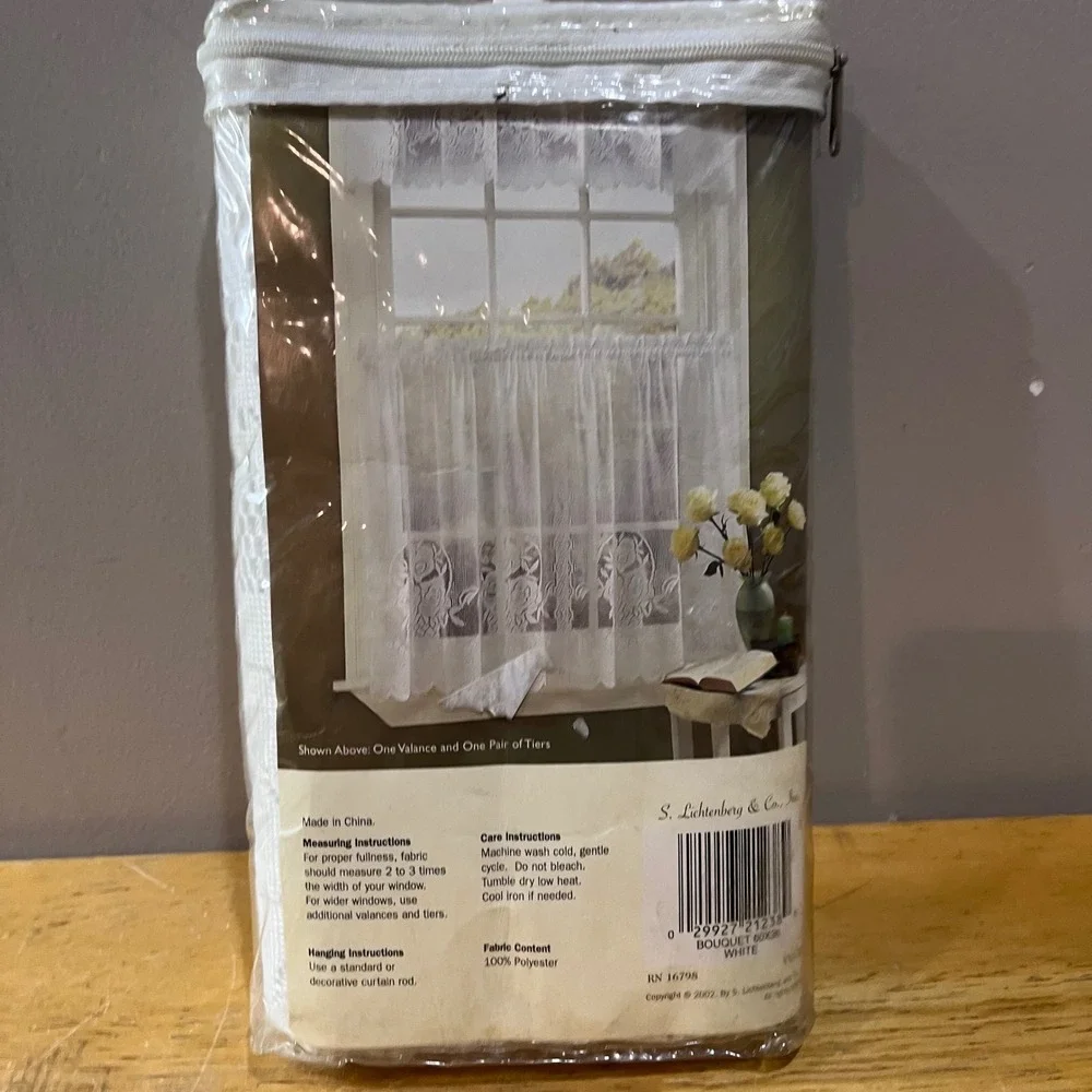 Vtg 2002 S. Lichtenberg Bouquet White Lace Window Curtain Tier & Valance Set 3pc